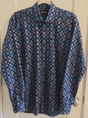 NWOT MACEOO Paris Check-Weave Button-Down Shirt - Black & Blue - Size Medium 3